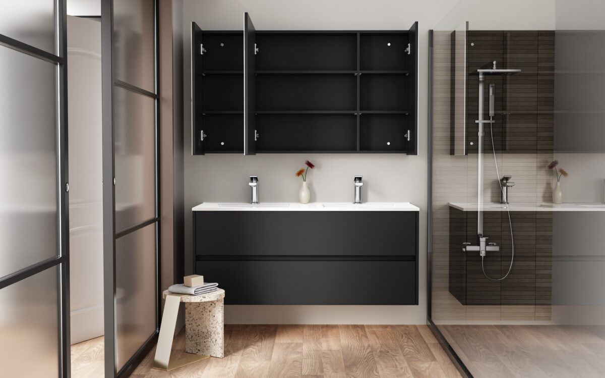 Hayat Mirror Cabinet – 3 Asymmetrical, Single-Sided Mirror Doors – 6 Height-Adjustable Shelves – 120x70x15 Cm – Matt Black - Image 4