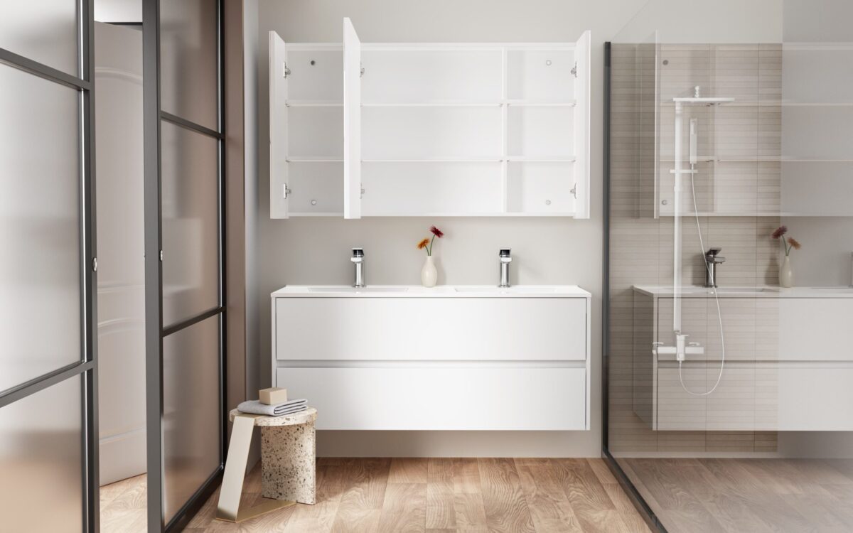 Armoire Miroir Hayat - 3 Portes Miroir Asymétriques Simples Face - 6 Étagères Réglables En Hauteur - 120x70x15cm - Blanc Brillant – Image 8