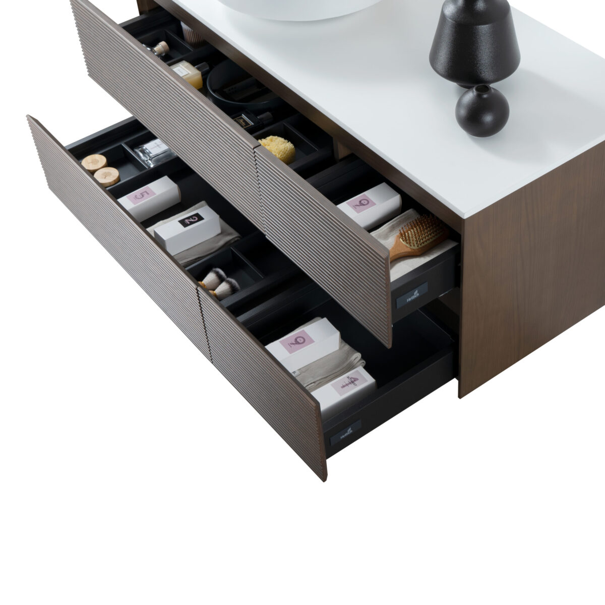 Armoire Lavabo Layda - 4 Tiroirs - Sans Poignee - Fermeture Douce – 119x49x52 Cm - Noyer Foncé – Image 11