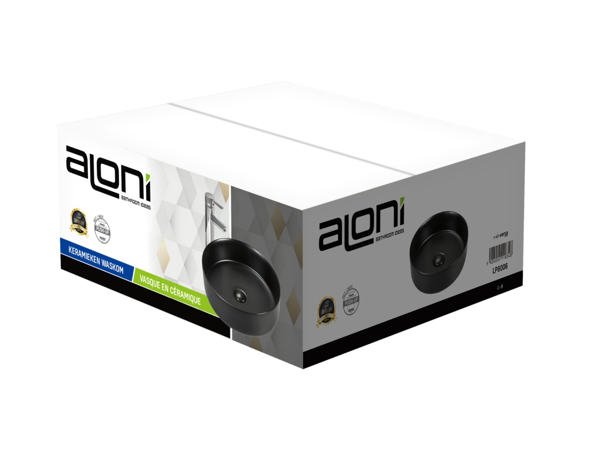 Aloni Fira Washbasin – Countertop – Sans Trop-Plein – Without Tap Hole – With Click-Clack Waste – Céramique – 36x12.5x36 Cm – Noir Mat – Image 2