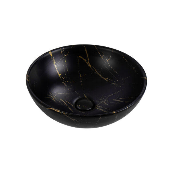 ALONI TIVRA WASHBASIN – COUNTERTOP – Sans trop-plein – WITHOUT TAP HOLE – WITH CLICK-CLACK WASTE – Céramique – 38X13X38 CM – BLACK/GOLD MARBLE