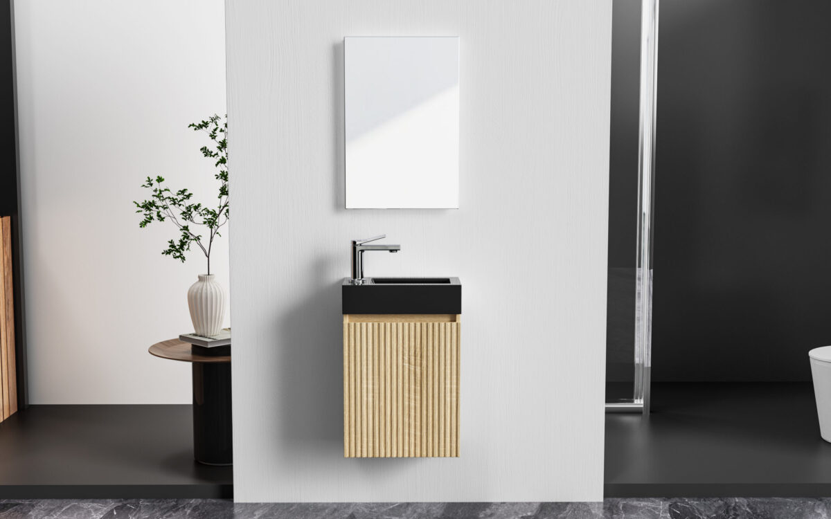 Aloni Mikaro Armoire Bas De Toilette - 1 Porte - Réversible - Sans Poignée - Fermeture Douce - 40x50x22,3 Cm - Chêne Clair – Image 3