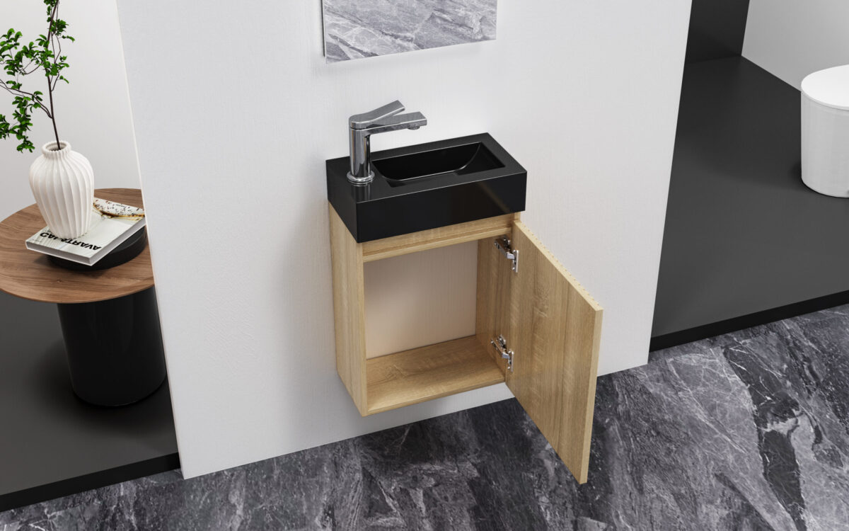 Aloni Mikaro Armoire Bas De Toilette - 1 Porte - Réversible - Sans Poignée - Fermeture Douce - 40x50x22,3 Cm - Chêne Clair – Image 7