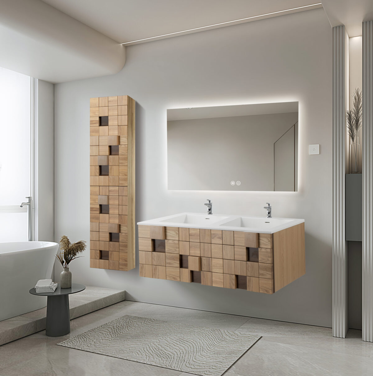 Meuble Lavabo Mimoza - 1 Tiroir - Sans Poignée - Fermeture Douce - 119x40x52 Cm - Chêne Clair – Image 18