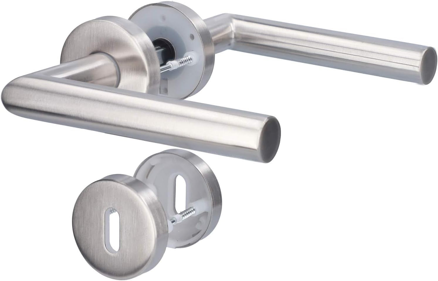 POIGNÉE DE PORTE ANGULAIRE AVEC ROSACE | ACIER INOXYDABLE, ARGENT