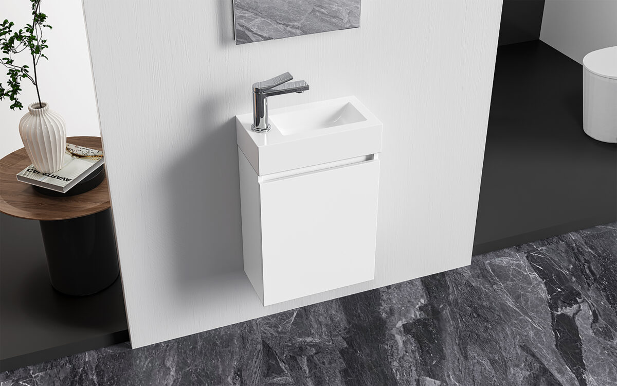 MEUBLES DE TOILETTE ALONI ZYRO - COMPLET - ARMOIRE BAS AVEC 1 PORTE - SANS POIGNÉE - FERMETURE DOUCE - RÉVERSIBLE - MIROIR - LAVABO - 40,5X22,5 CM - BLANC BRILLANT – Image 2