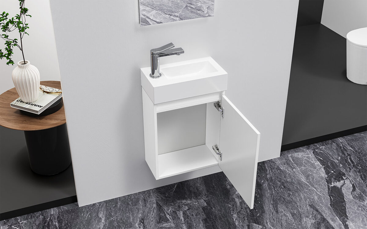 Meubles De Toilette Aloni Zyro - Complet - Armoire Bas Avec 1 Porte - Sans Poignée - Fermeture Douce - Réversible - Miroir - Lavabo - 40,5x22,5 Cm - Blanc Brillant – Image 3