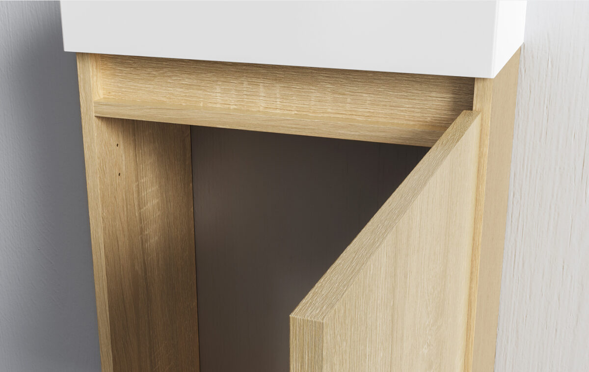 Meubles De Toilette Aloni Zyro - Complet - Armoire Bas Avec 1 Porte - Sans Poignée - Fermeture Douce - Réversible - Miroir - Lavabo - 40,5x22,5 Cm - Chêne Clair/Blanc Brillant – Image 7