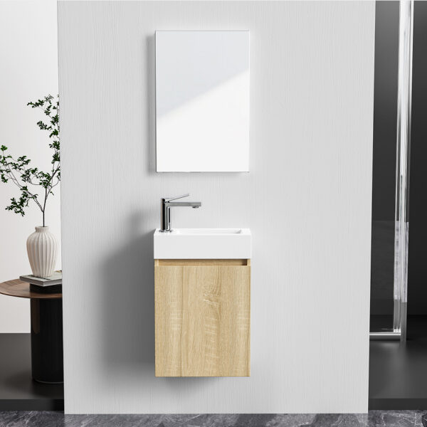 MEUBLES DE TOILETTE ALONI ZYRO - COMPLET - ARMOIRE BAS AVEC 1 PORTE - SANS POIGNÉE - FERMETURE DOUCE - RÉVERSIBLE - MIROIR - LAVABO - 40,5X22,5 CM - CHÊNE CLAIR/BLANC BRILLANT