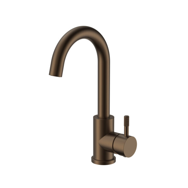 STRIA BASIN MIXER – CURVED SWIVEL SPOUT – COLD START – REFINED RIBBED HANDLE – WITHOUT WASTE – BROWN BRONZE (PVD)