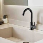 STRIA BASIN MIXER – CURVED SWIVEL SPOUT – COLD START – REFINED RIBBED HANDLE – WITHOUT WASTE – MATT BLACK (PVD) - Image 2