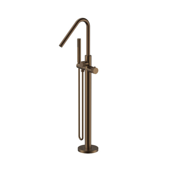 STRIA BATH MIXER – FREESTANDING – THERMOSTATIC – WITH HAND SHOWER AND HOSE – REFINED RIBBED HANDLES – BROWN BRONZE (PVD)