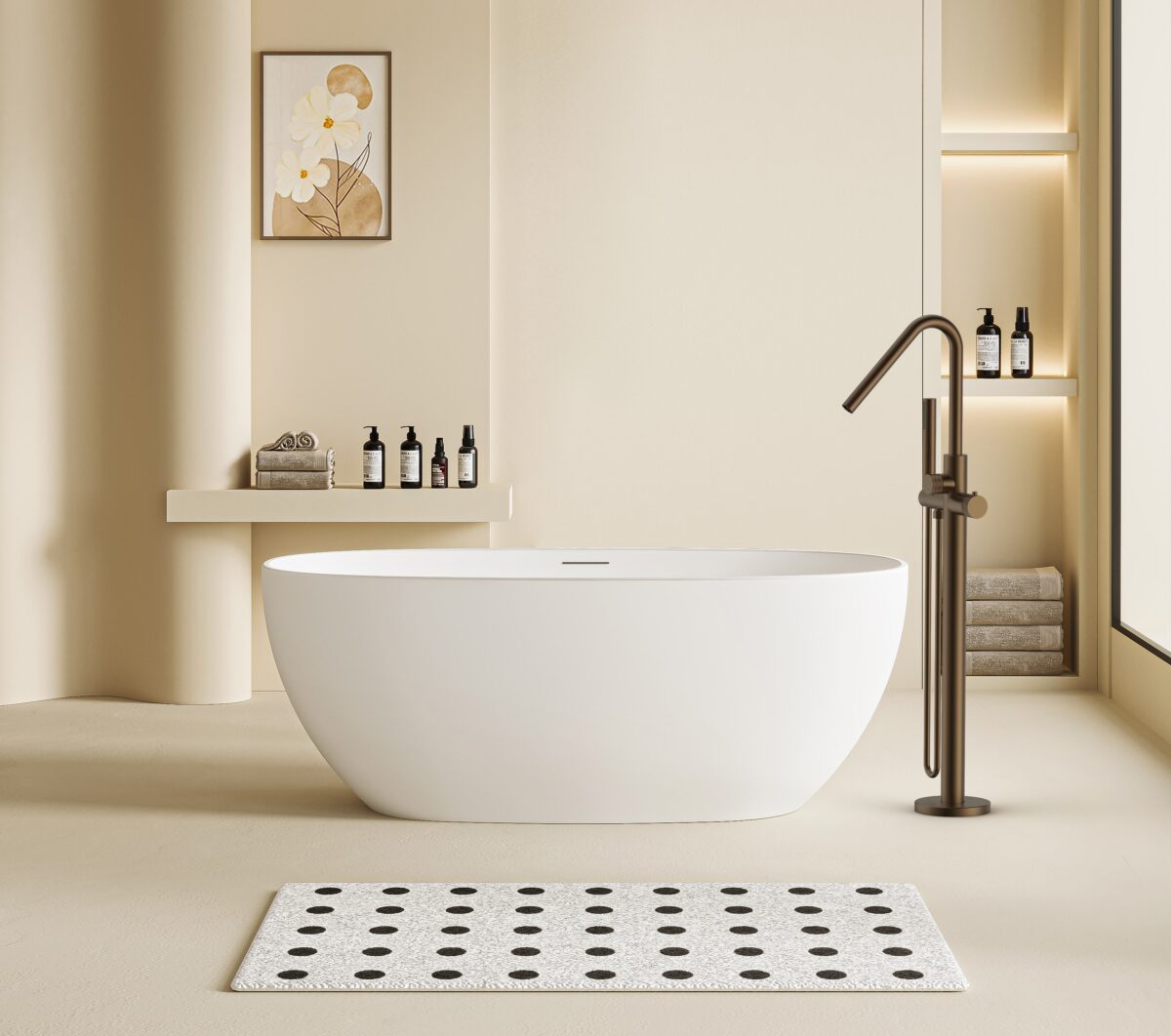 MITIGEUR DE BAIGNOIRE STRIA - AUTOPORTANT - THERMOSTATIQUE - AVEC DOUCHETTE ET FLEXIBLE DE DOUCHE - BOUTONS À TEXTURE NERVURÉE - BRONZE BRUN (PVD) – Image 2