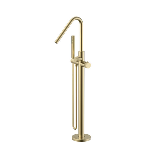 STRIA BATH MIXER – FREESTANDING – THERMOSTATIC – WITH HAND SHOWER AND HOSE – REFINED RIBBED HANDLES – BRUSHED GOLD (PVD)