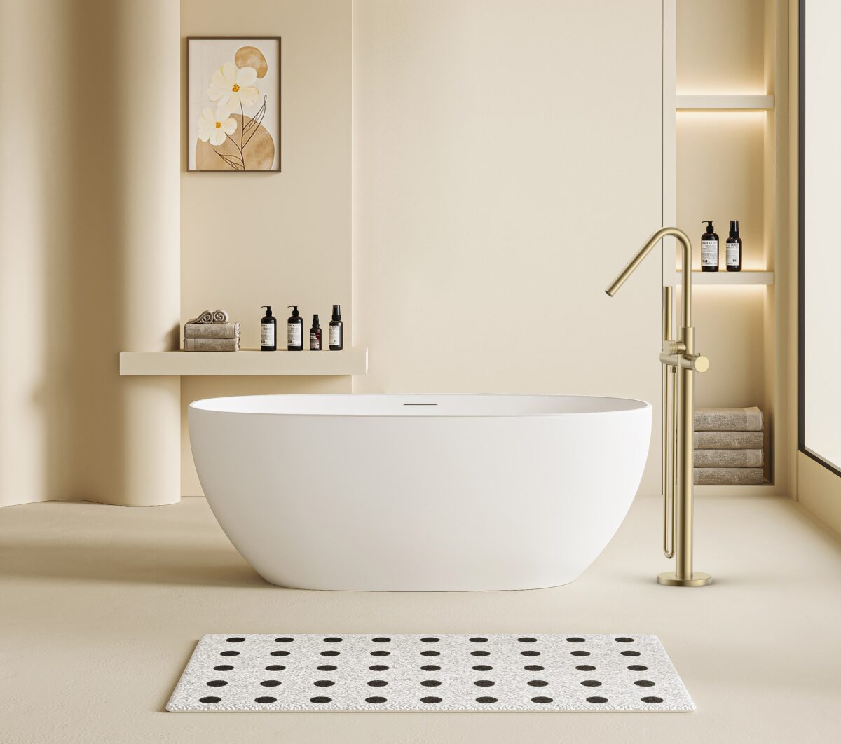 Mitigeur De Baignoire Stria - Autoportant - Thermostatique - Avec Douchette Et Flexible De Douche - Boutons À Texture Nervurée - Or Brossé (Pvd) – Image 2