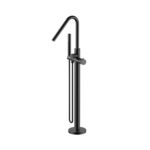 STRIA BATH MIXER – FREESTANDING – THERMOSTATIC – WITH HAND SHOWER AND HOSE – REFINED RIBBED HANDLES – MATT BLACK (PVD)
