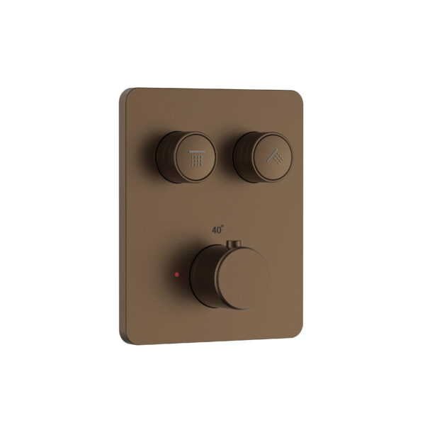 STRIA SHOWER MIXER – 2-WAY – THERMOSTATIC – REFINED RIBBED PUSH BUTTONS – WITH BUILT-IN BOX AND TRIM SET – RECTANGULAR – BROWN BRONZE (PVD)