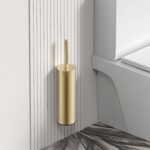 STRIA TOILET BRUSH WITH HOLDER – WALL-MOUNTED OR FREESTANDING – REFINED RIBBED HANDLE – INCLUDES PLASTIC INNER CONTAINER – BRUSHED GOLD - Image 2