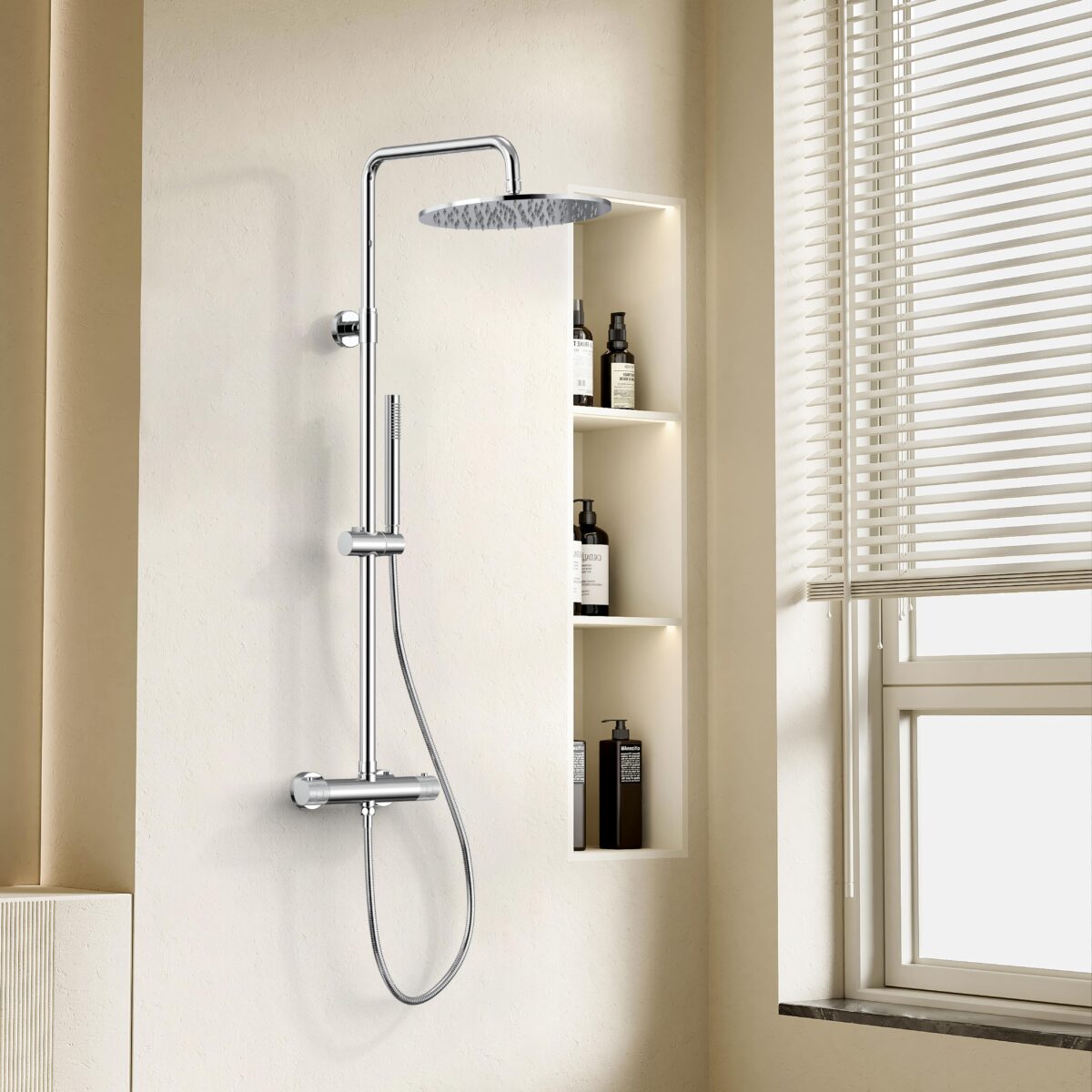 ENSEMBLE DE DOUCHE STRIA RAIN - THERMOSTATIQUE - COOL TOUCH - DOUCHE DE TÊTE 30 CM - EN SAILLIE - BOUTONS À TEXTURE NERVURÉE RAFFINÉE - Chrome – Image 2