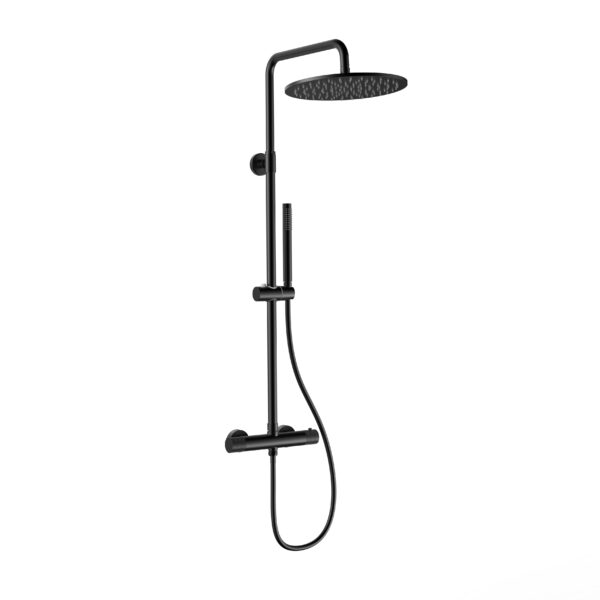 STRIA RAIN SHOWER SET – THERMOSTATIC – COOL TOUCH – 30 CM OVERHEAD SHOWER HEAD – EXPOSED INSTALLATION – REFINED RIBBED KNOBS – MATT BLACK (PVD)