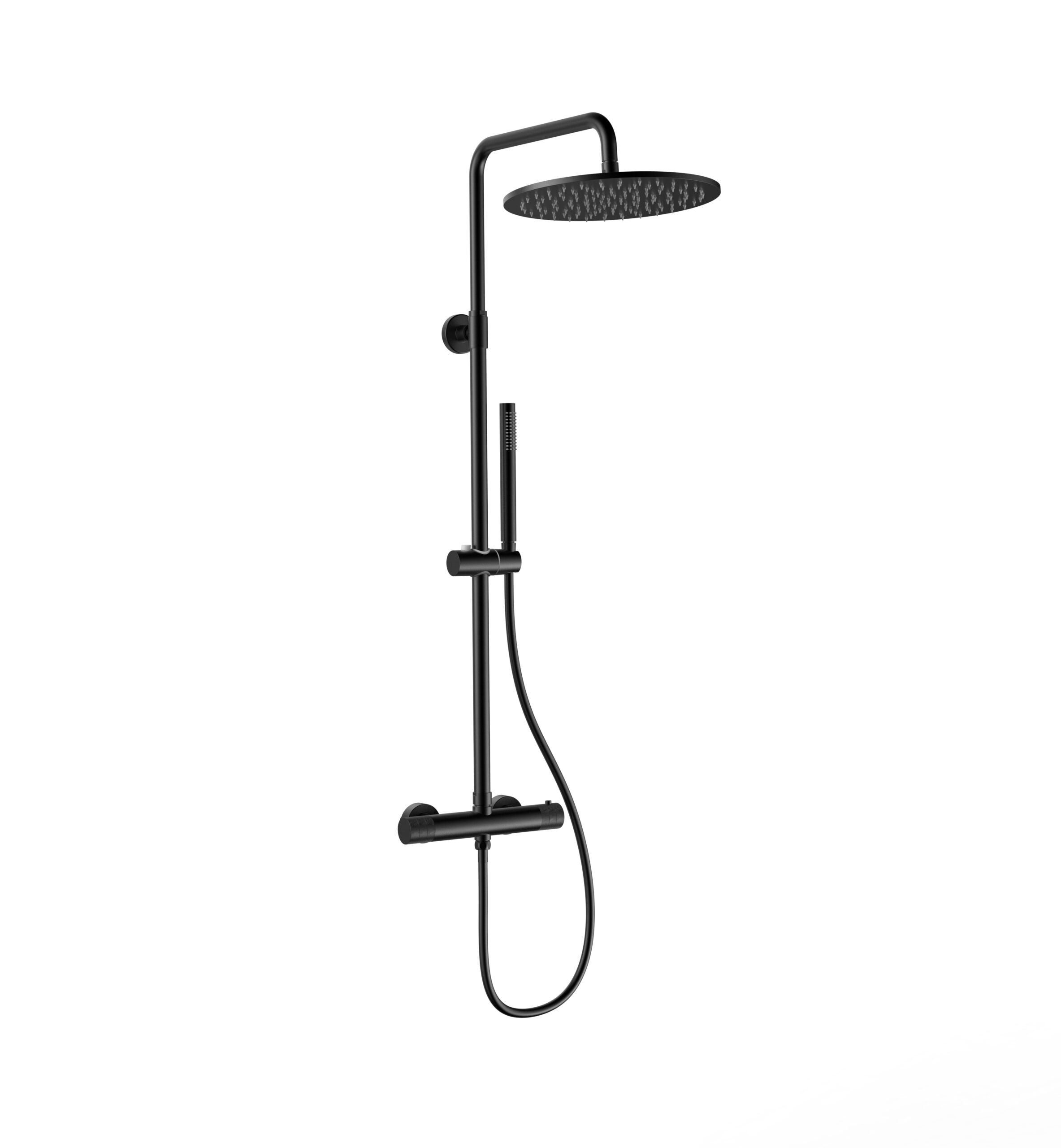 PRMOPT1-MB-2.jpg STRIA RAIN SHOWER SET – THERMOSTATIC – COOL TOUCH – 30 CM OVERHEAD SHOWER HEAD – EXPOSED INSTALLATION – REFINED RIBBED KNOBS – MATT BLACK (PVD) - Image 1