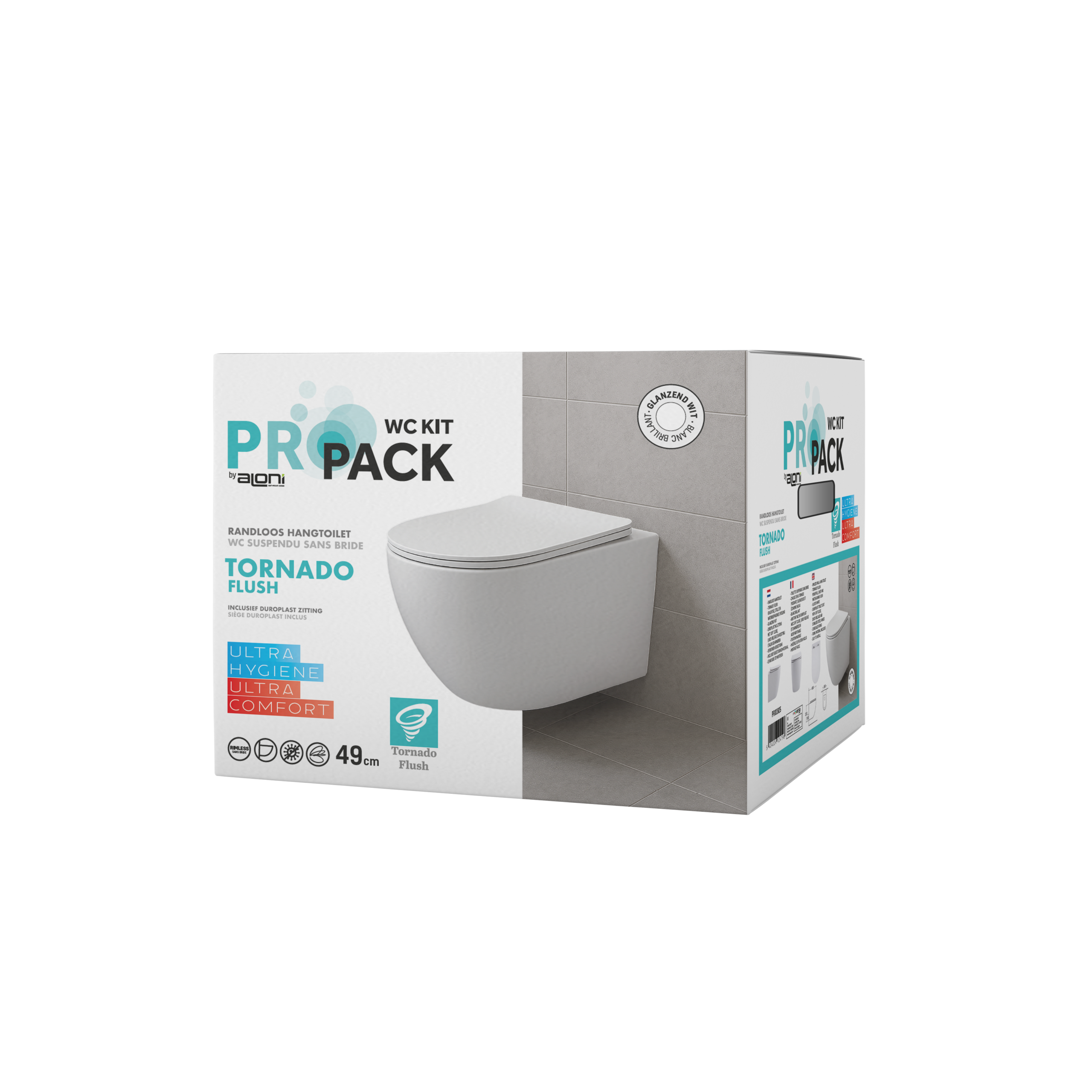 PRO192520box-5.png ALONI PRO WALL-HUNG TOILET – TORNADO FLUSH – RIMLESS – WITH SEAT – DUROPLAST – SOFT CLOSE – QUICK RELEASE – COMPACT 49 CM – 36X32X49 CM – GLOSSY WHITE - Image 1