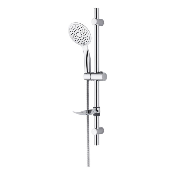 ALONI SLIM SHOWER SLIDE BAR SET COMPLETE – WITH SHOWER HEAD, METAL SHOWER HOSE AND SOAP HOLDER – CHROME