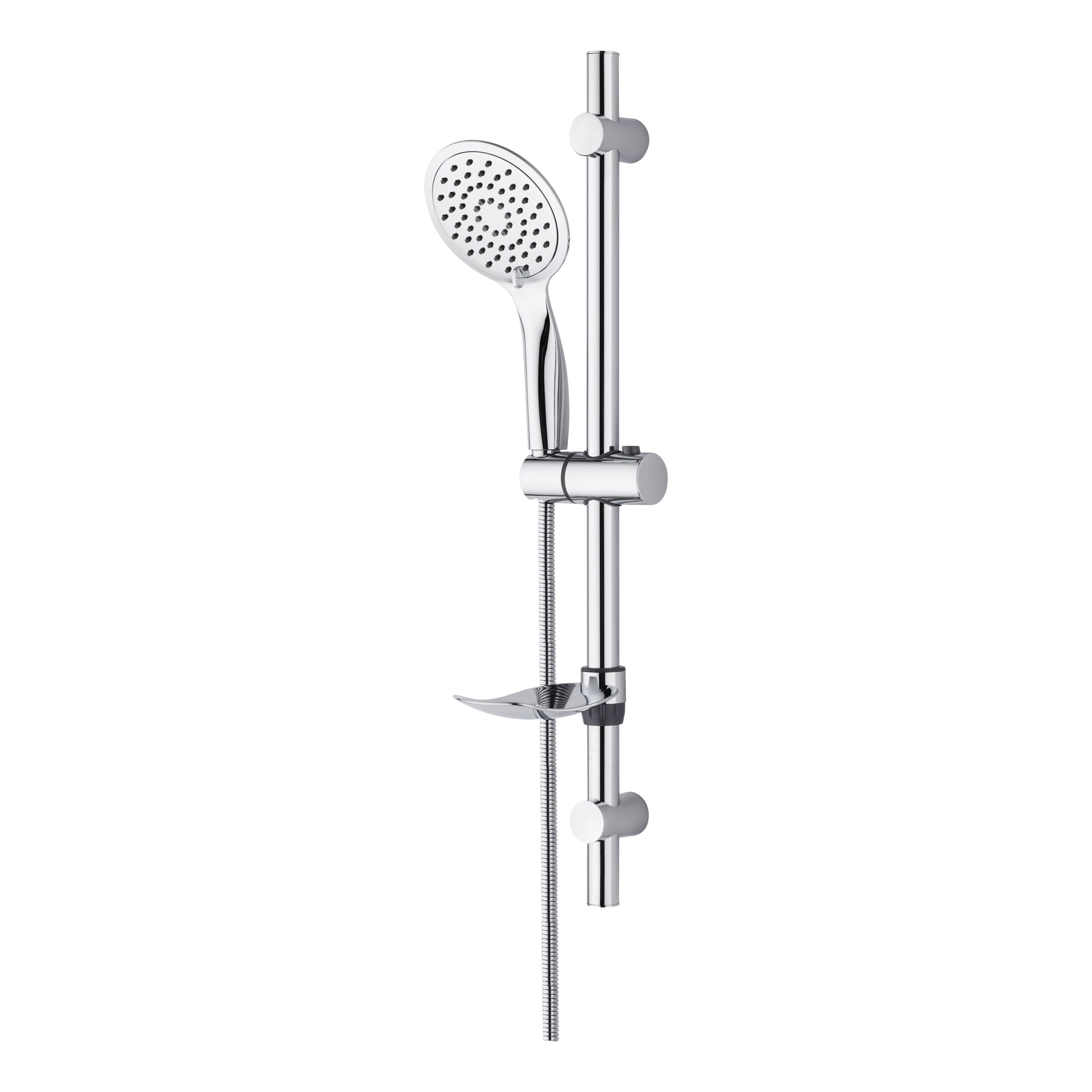 TM51075-9.jpg ALONI SLIM SHOWER SLIDE BAR SET COMPLETE – WITH SHOWER HEAD, METAL SHOWER HOSE AND SOAP HOLDER – CHROME - Image 1