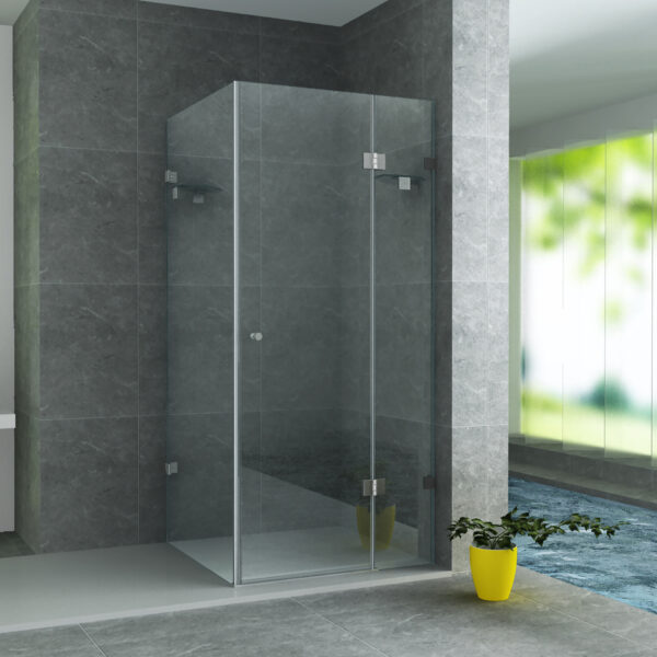 CABINE DE DOUCHE ALONI AVEC PORTE BATTANTE, PANNEAU FIXE ET PANNEAU LATÉRAL - AVEC TRAITEMENT ANTI-CALCAIRE - RÉVERSIBLE - VERRE DE SÉCURITÉ 8MM - 90X90X195 CM - CHROME - VERRE CLAIR