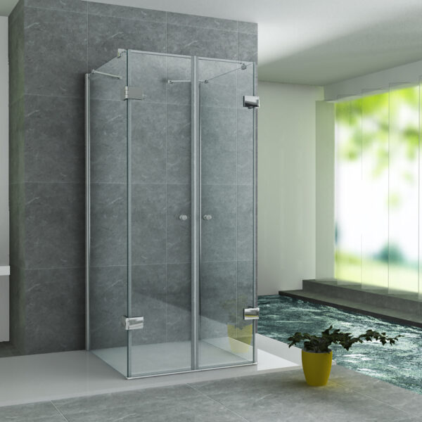 CABINE DE DOUCHE ALONI EN U AVEC 2 PORTES PIVOTANTES ET 2 PANNEAUX LATERAUX - TRAITEMENT ANTI-CALCAIRE - VERRE DE SÉCURITÉ 8MM - 90X90X195 CM - CHROME - VERRE CLAIR