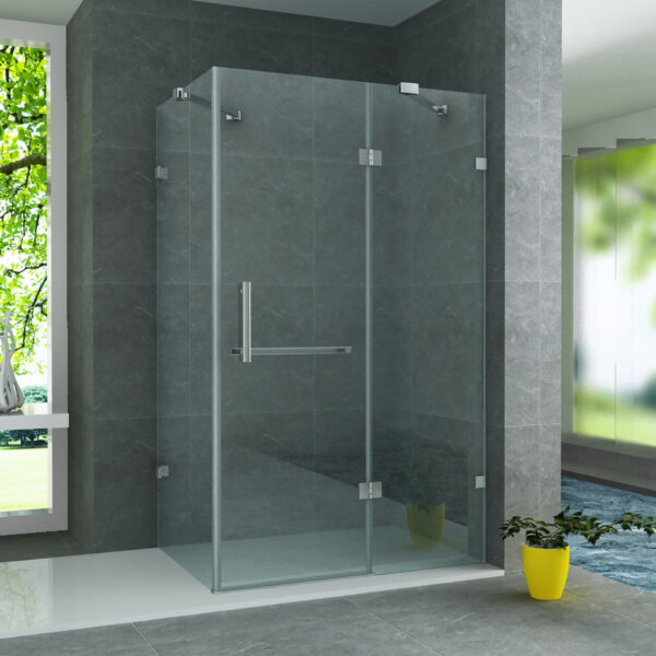 CABINE DE DOUCHE ALONI AVEC PORTE BATTANTE, PANNEAU FIXE ET PANNEAU LATÉRAL - AVEC TRAITEMENT ANTI-CALCAIRE - RÉVERSIBLE - VERRE DE SÉCURITÉ 8MM - 90X120X195 CM - CHROME - VERRE CLAIR