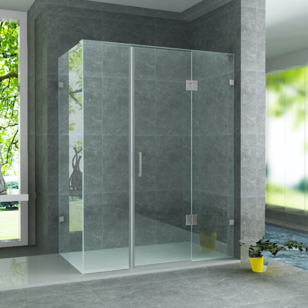 CABINE DE DOUCHE ALONI AVEC PORTE BATTANTES, 2 PANNEAUX FIXES ET PANNEAU LATÉRAL - AVEC TRAITEMENT ANTI-CALCAIRE - RÉVERSIBLE - VERRE DE SÉCURITÉ 8MM - 90X120X195 CM - CHROME - VERRE CLAIR