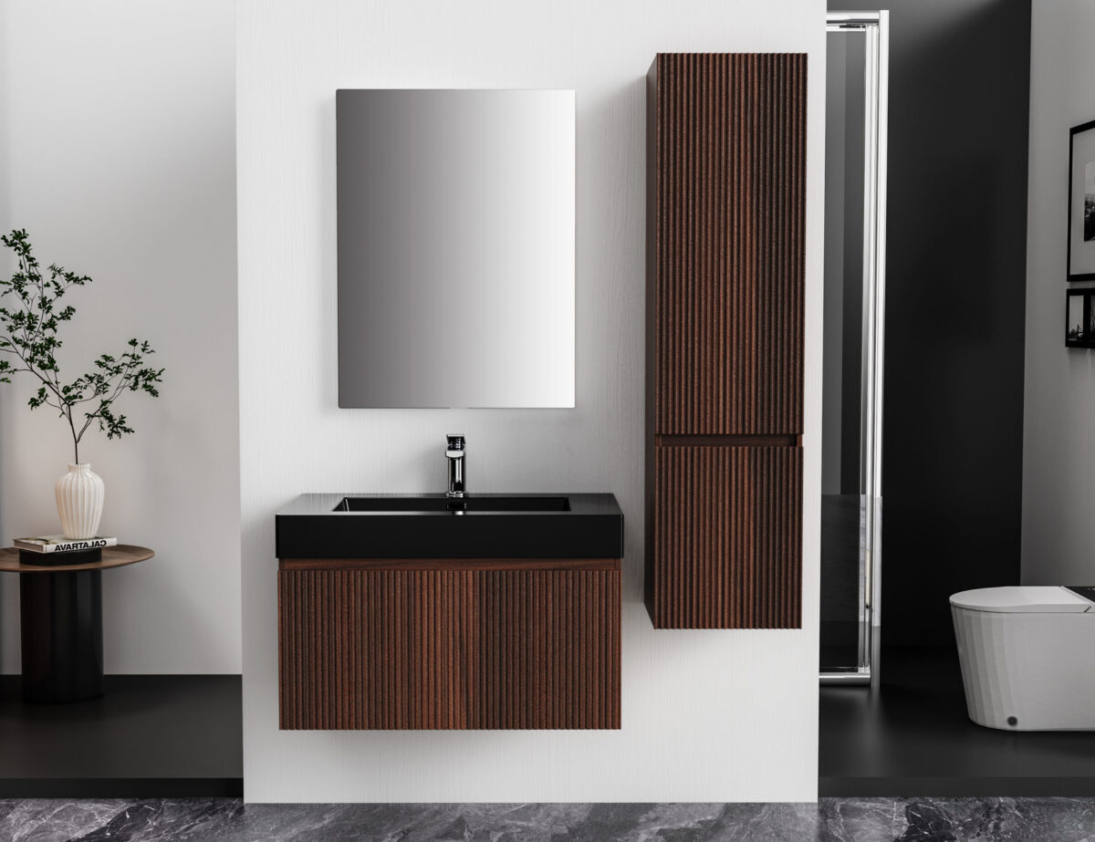 Armoire Lavabo Aloni Ela - 1 Tiroir - Sans Poignée - Fermeture Douce – 80x40x45 Cm - Wengé – Image 7