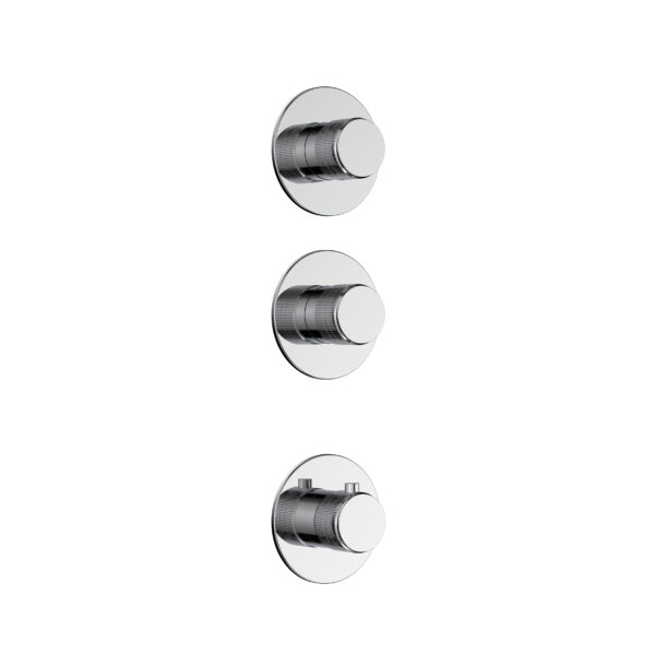 STRIA TRIM SET FOR SHOWER MIXER – 2-WAY WITH 2 STOP VALVES – THERMOSTATISCH – BUILT-IN – ROUND – REFINED RIBBED HANDLES – CHROOM