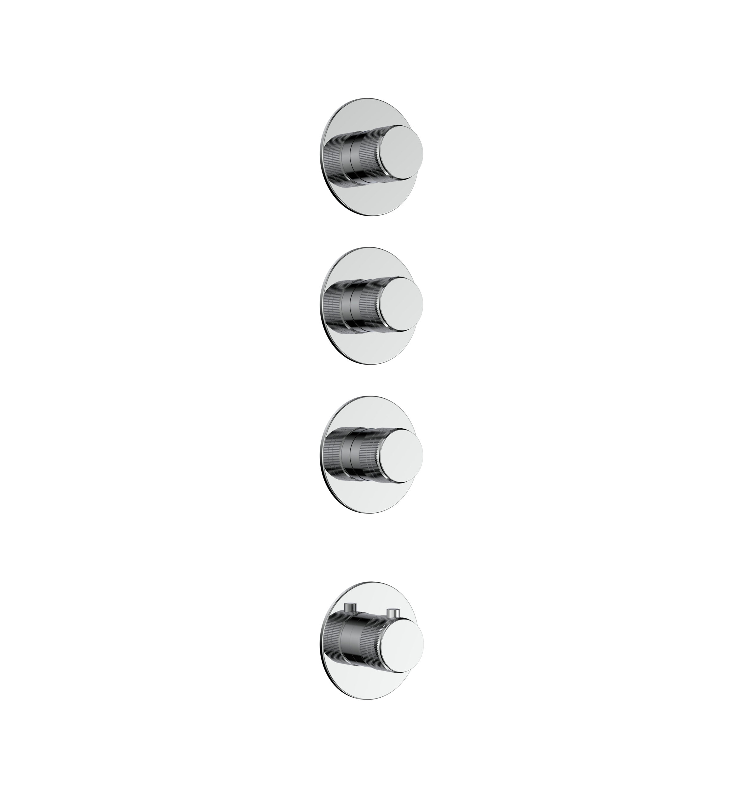 prm6025-c-15.jpg STRIA TRIM SET FOR SHOWER MIXER – 3-WAY WITH 3 STOP VALVES – THERMOSTATIC – BUILT-IN – ROUND – REFINED RIBBED HANDLES – Chrome – Image 1