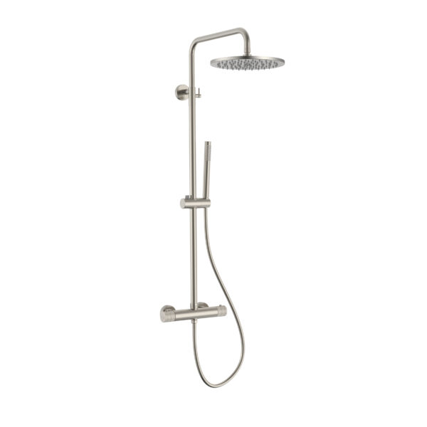 STRIA RAIN SHOWER SET – THERMOSTATIC – COOL TOUCH – 30 CM OVERHEAD SHOWER HEAD – EXPOSED INSTALLATION – REFINED RIBBED KNOBS – BRUSHED STAINLESS STEEL