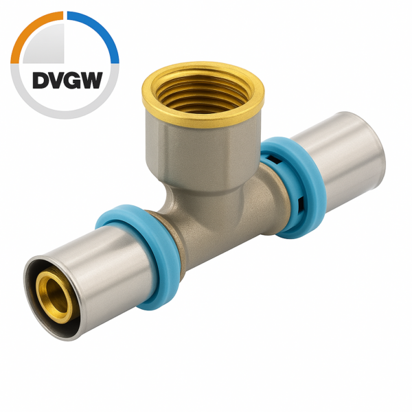 ERFU MEERLAAGS CRIMP VROUWELIJK TEE 26 MM X 1/2F-V X 26 MM – DVGW GECERTIFICEERDE PERSFITTING, MULTI-PROFIEL U/H/TH